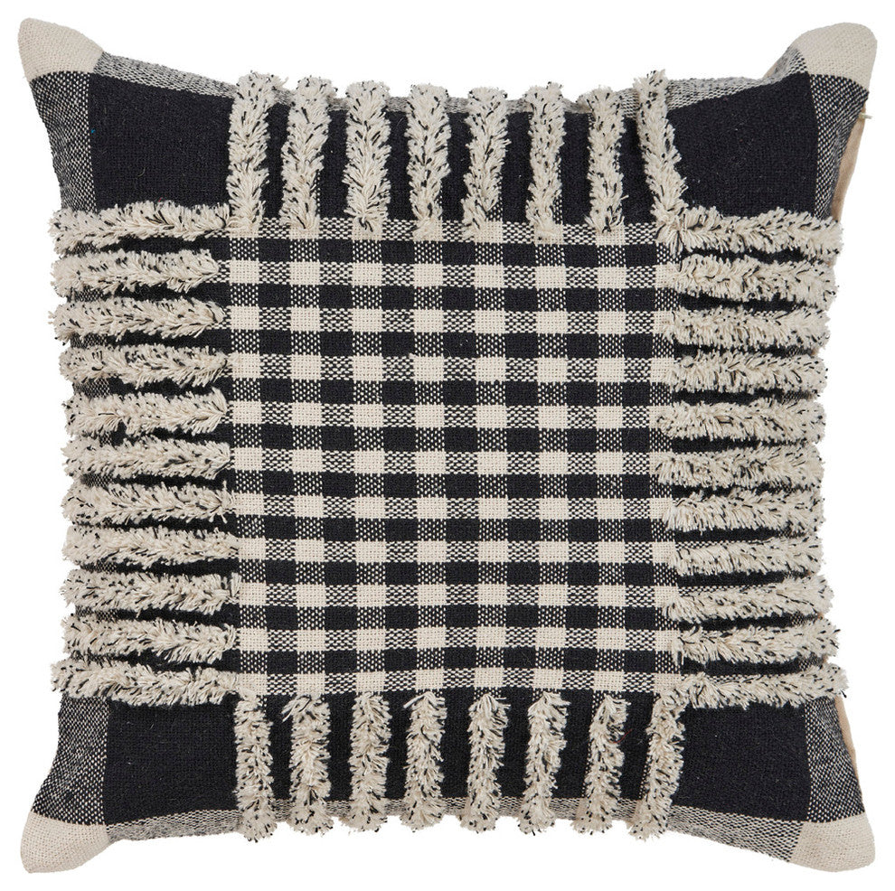 Black Plaid Cotton Throw Pillow