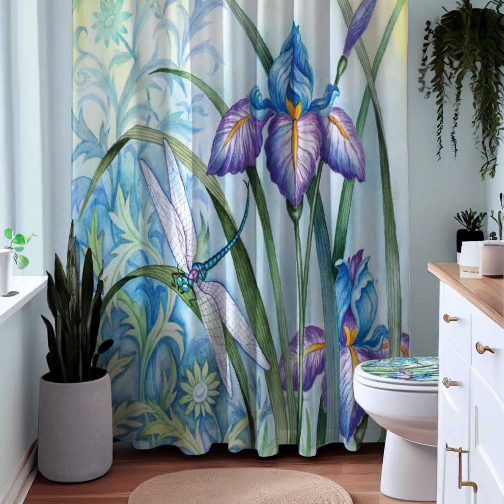 Iris Beauty Floral Shower Curtain, 72" x 72", Blue Dragonflies