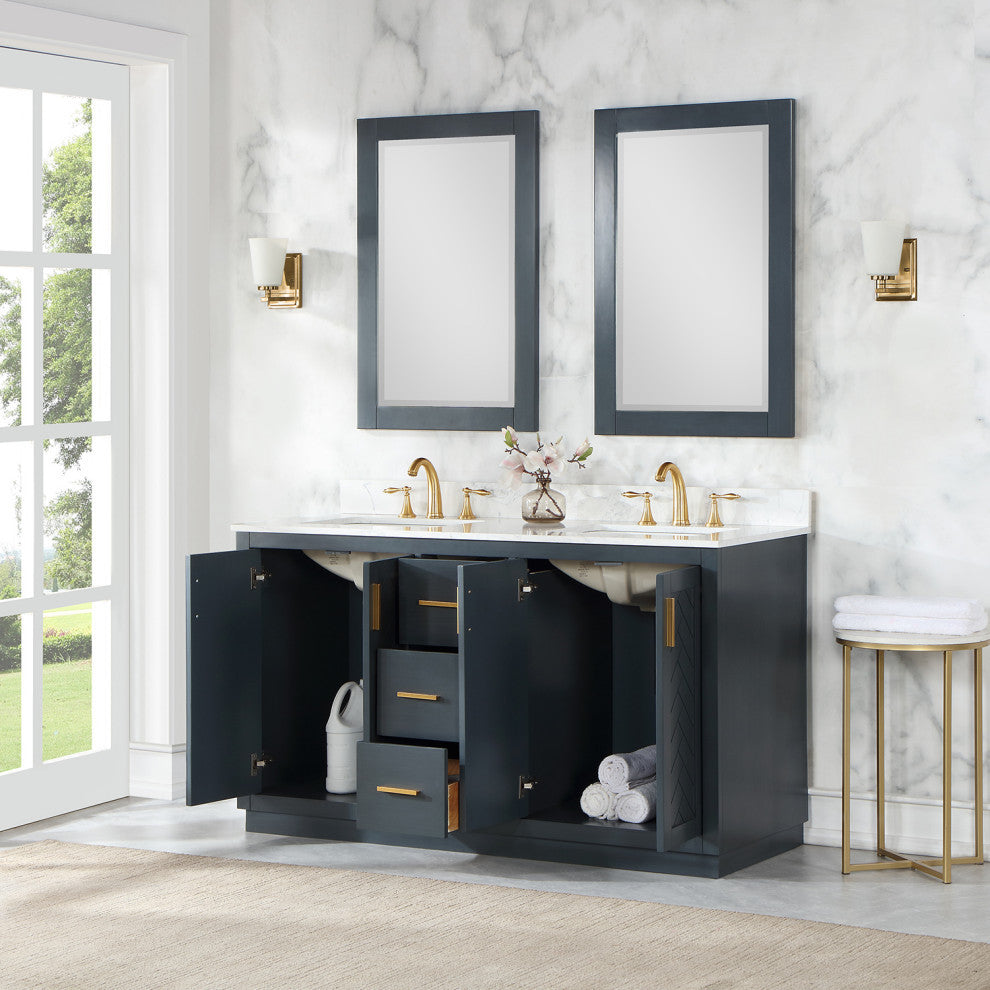 Gazsi Charcoal Blue Bathroom Vanity Set, 60", With Mirror