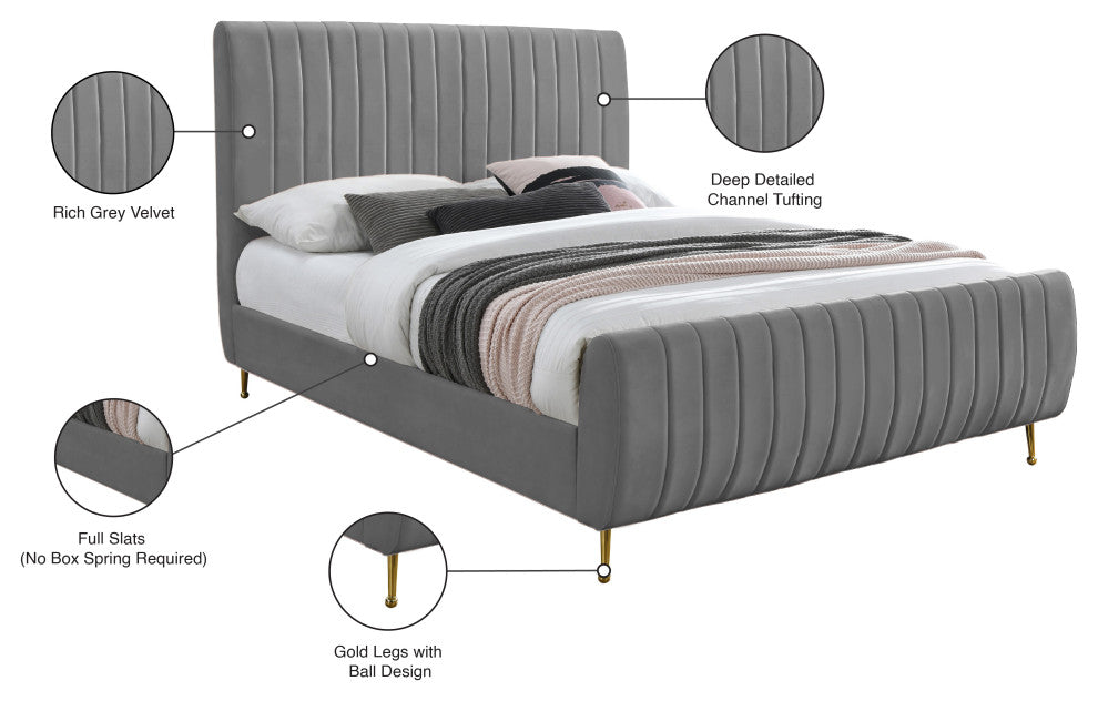 Zara Channel Tufted Velvet Upholstered Bed With Custom Gold Legs, Gray, Queen