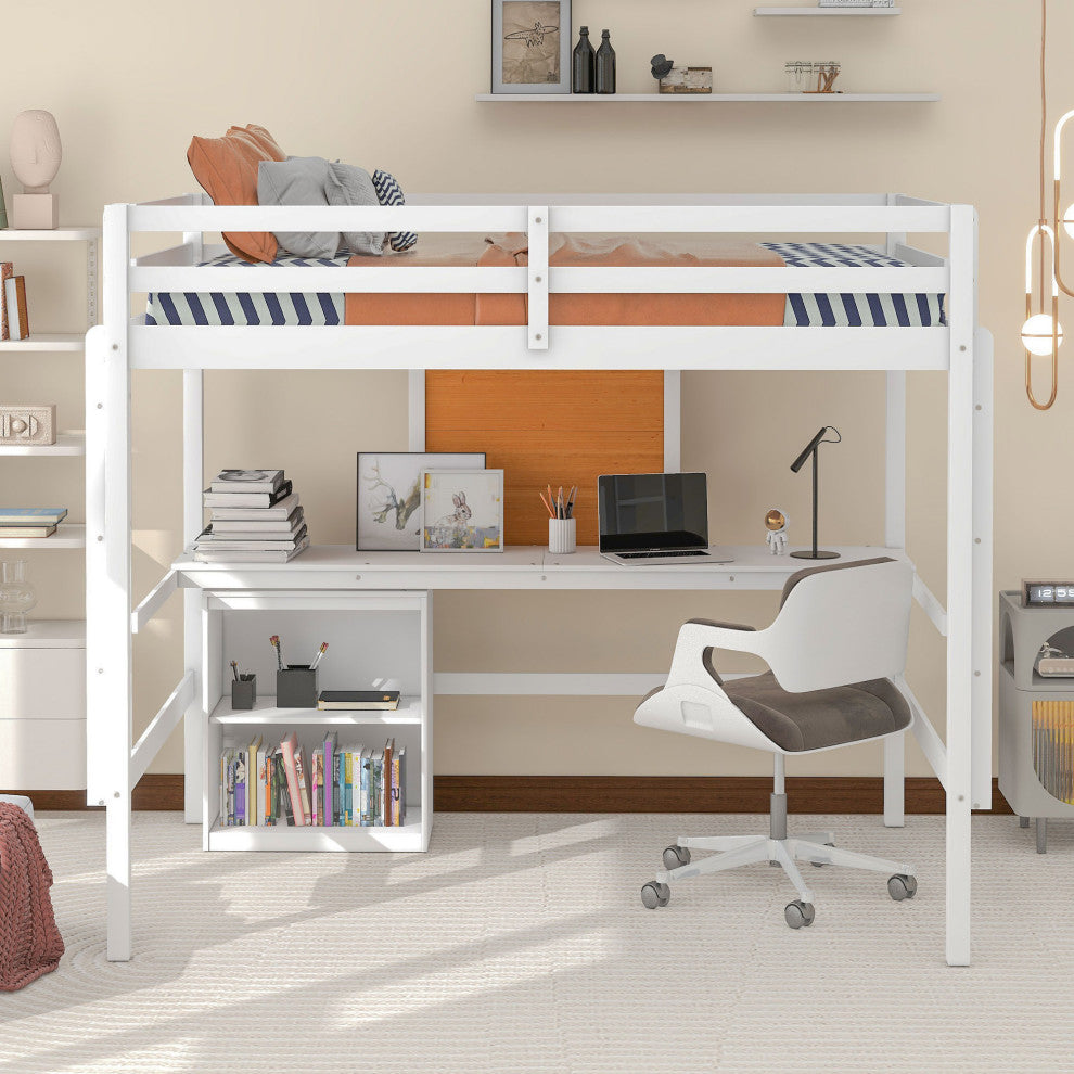 Gewnee Full size Wood Loft Bed with Desk and Writing Board in White