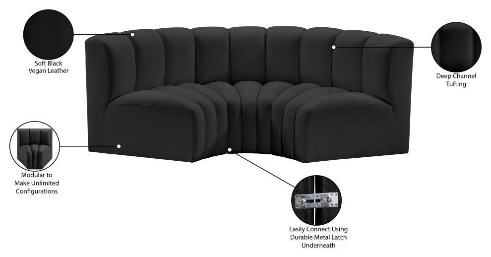 Arc Vegan Leather Upholstered 3-Pc. Inward Curved Modular Sectional, Black