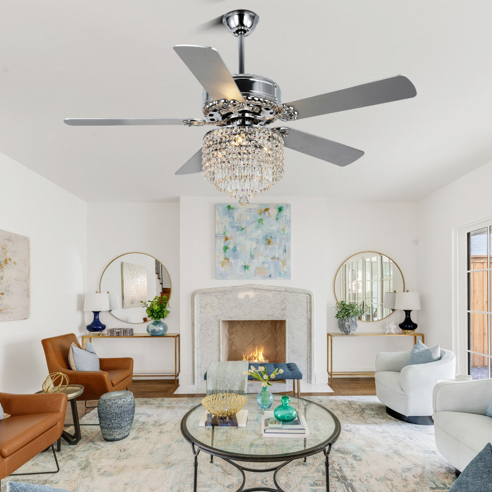 52"  Chrome Chandelier Ceiling Fan, Pull Chain Ceiling Fan with Remote Control