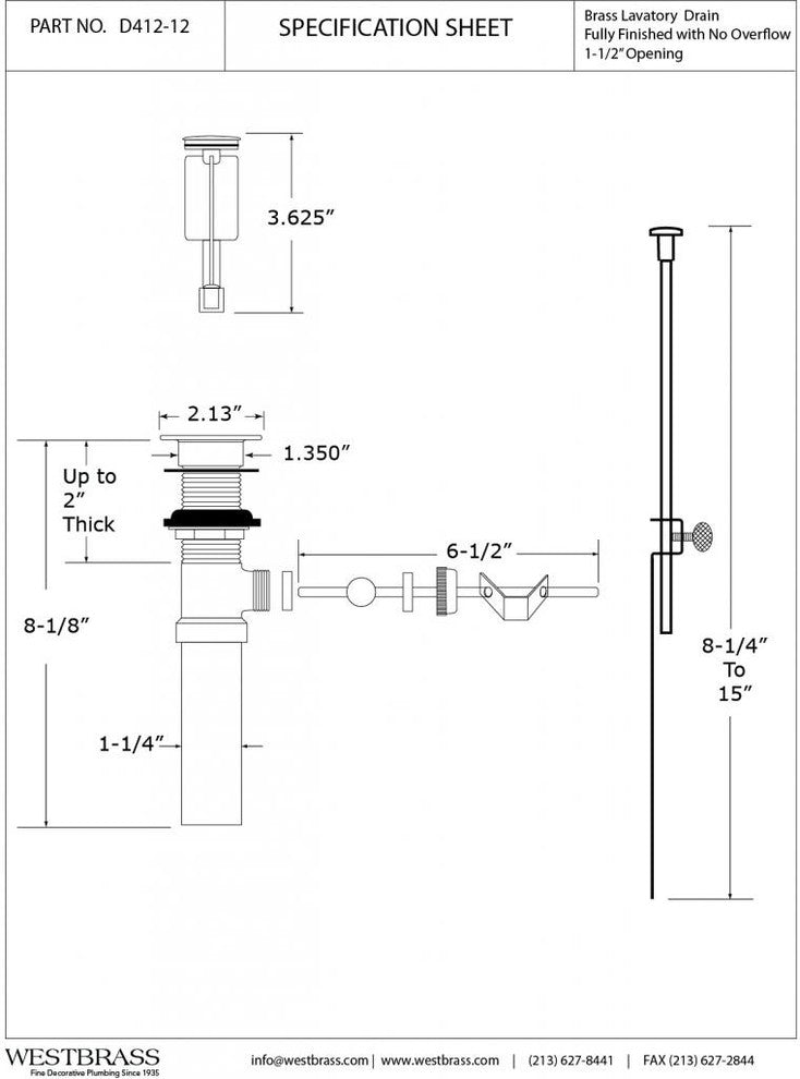 Pop-Up Lavatory Drain Without Overflow Holes, Exposed, Polished Chrome