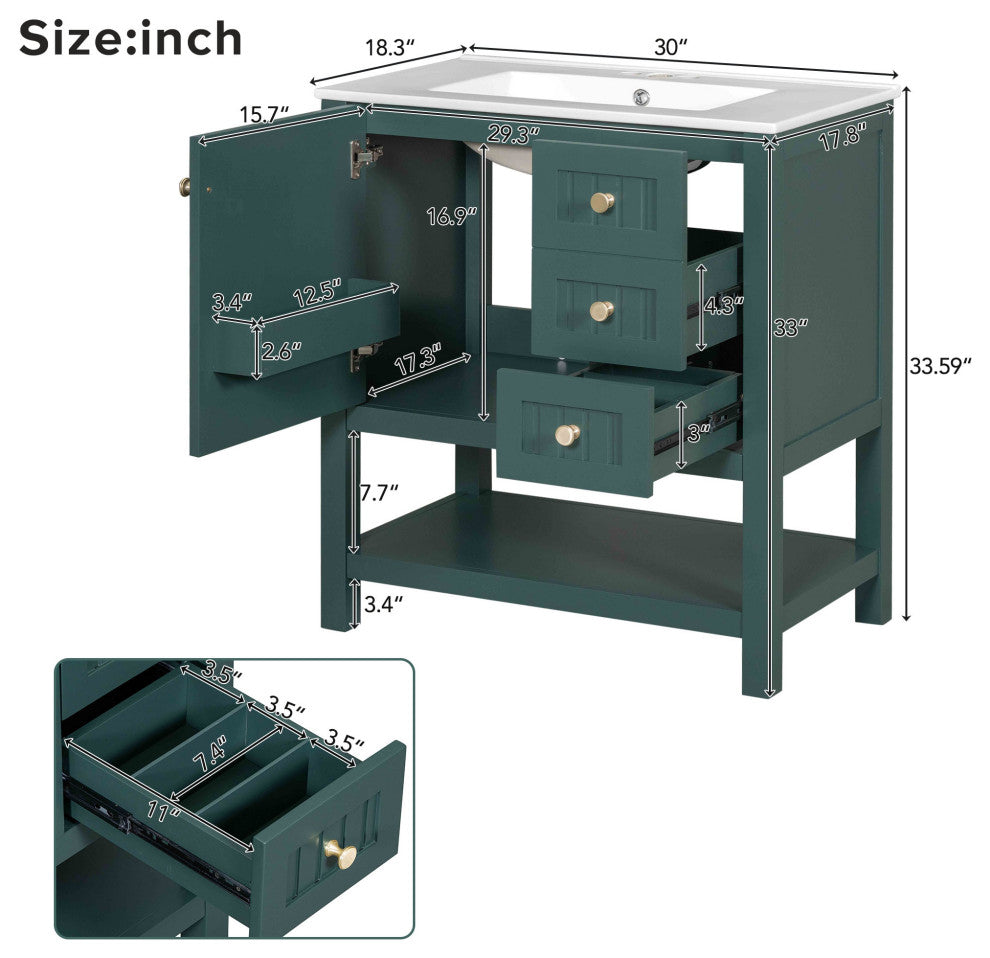 30 Inch Transitional Style Bathroom Vanity Cabinet Combo with Ceramic Sink, Green