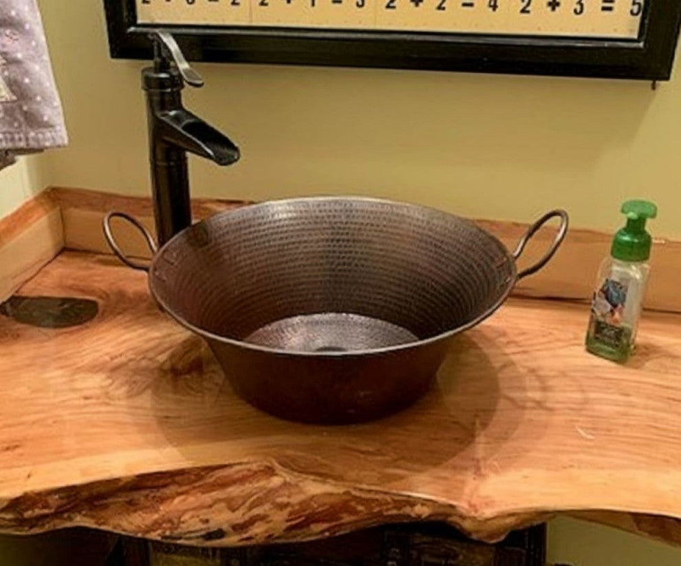 16" Copper Vessel Bathroom Sink with Rustic Handles