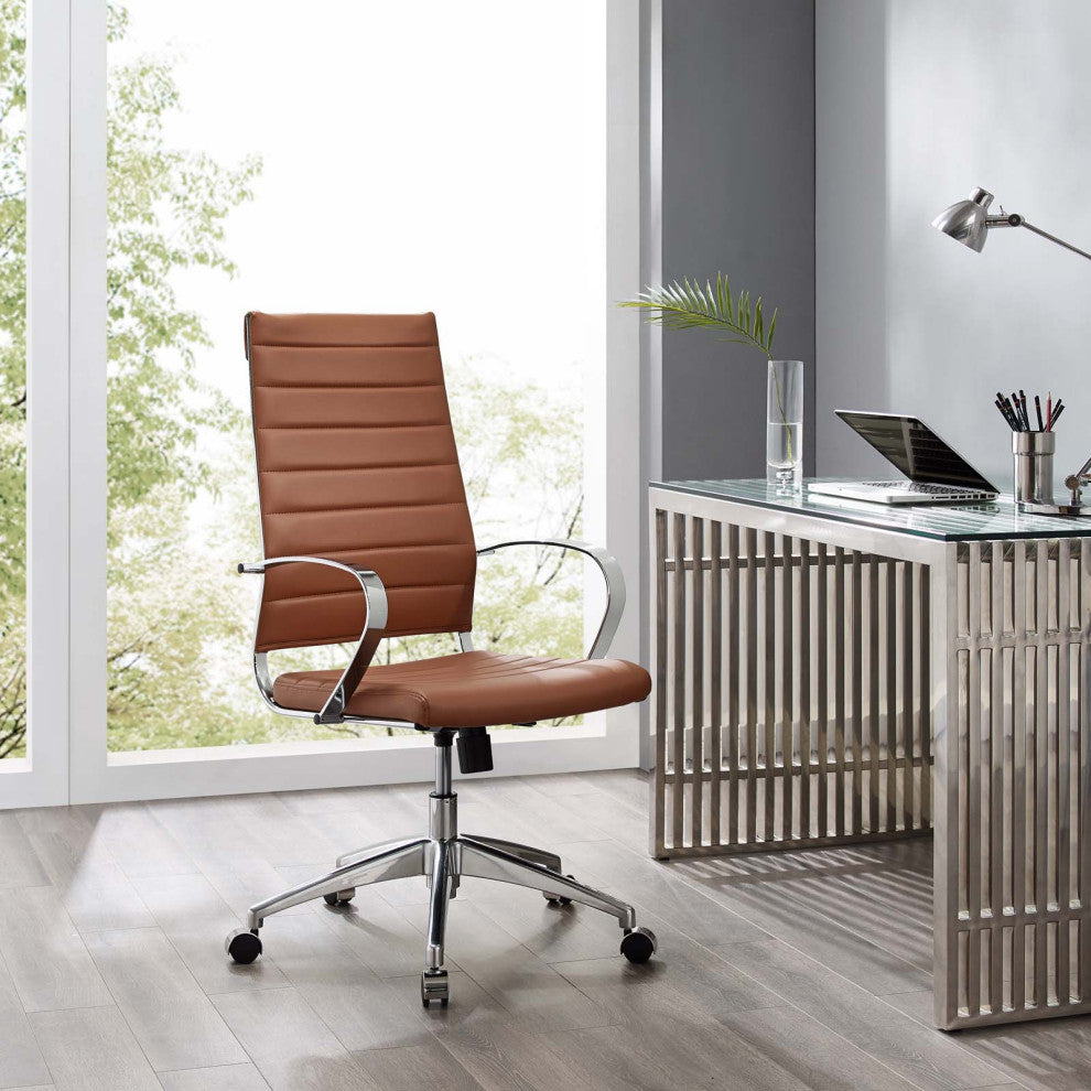 Computer Work Desk High Back Chair, Faux Leather, Red Brown, Modern, Home Office