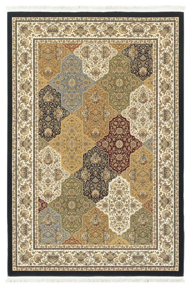 Mackenzie Panel Medallions Navy/ Multi Fringed Area Rug, 5'3"X7'6"