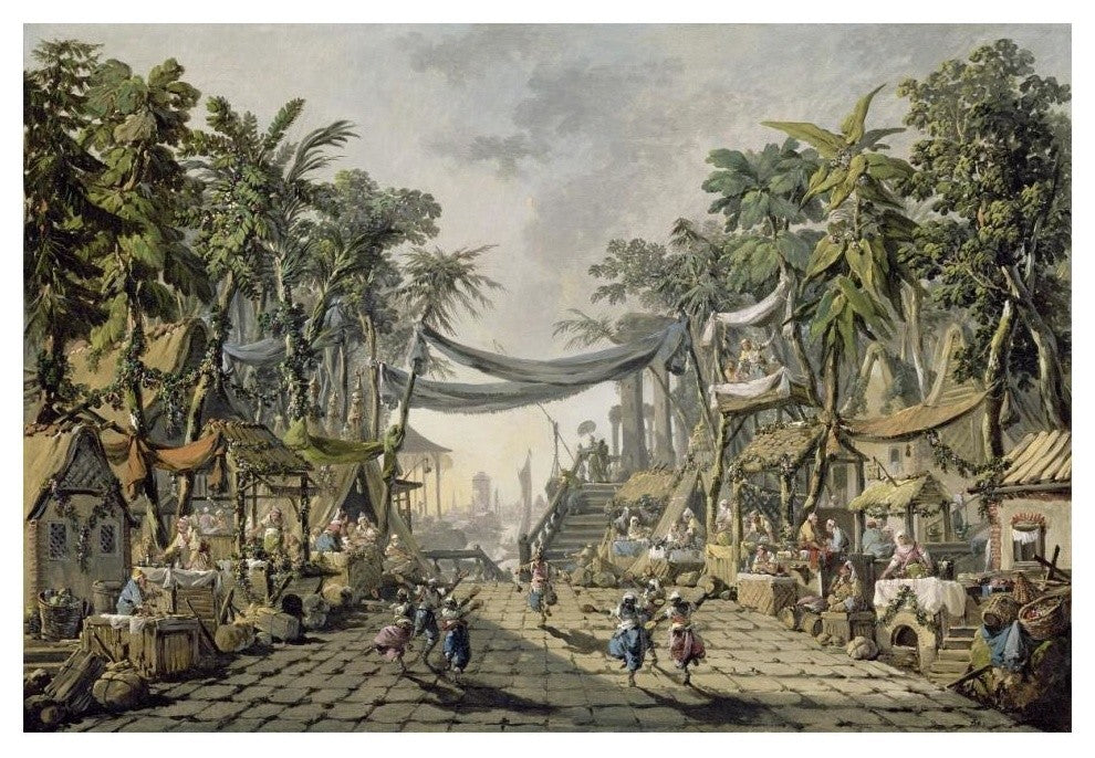 "Market Scene in an Imaginary Oriental Port" Paper Art, 20"x14"