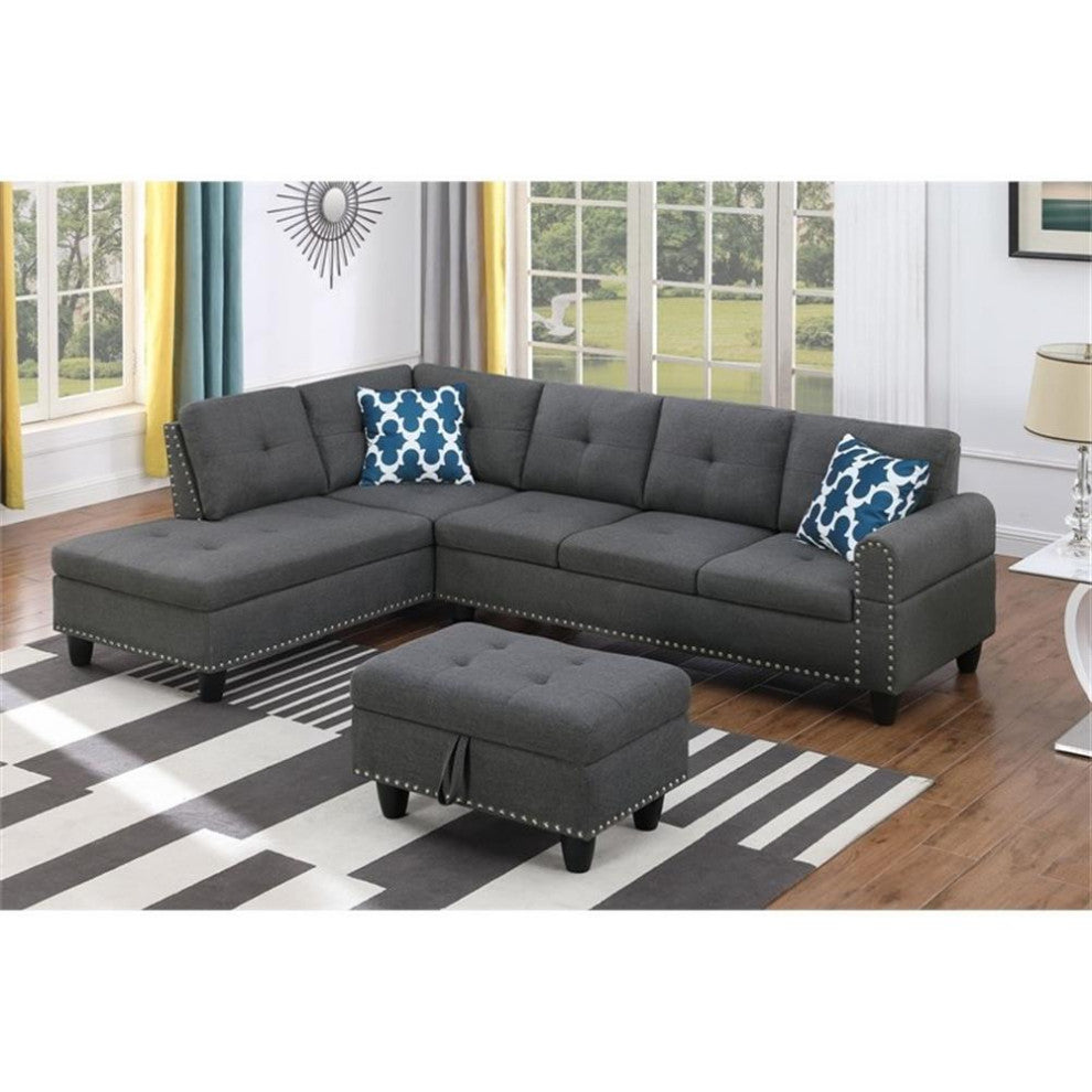 Devion Furniture Polyester Fabric Sectional Sofa with Ottoman-Gray
