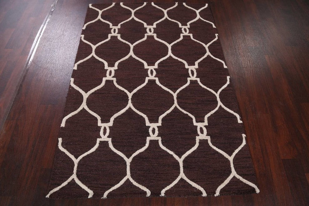 Hand-Tufted Dark Brown Trellis Oriental Wool Area Rug, 4x6''
