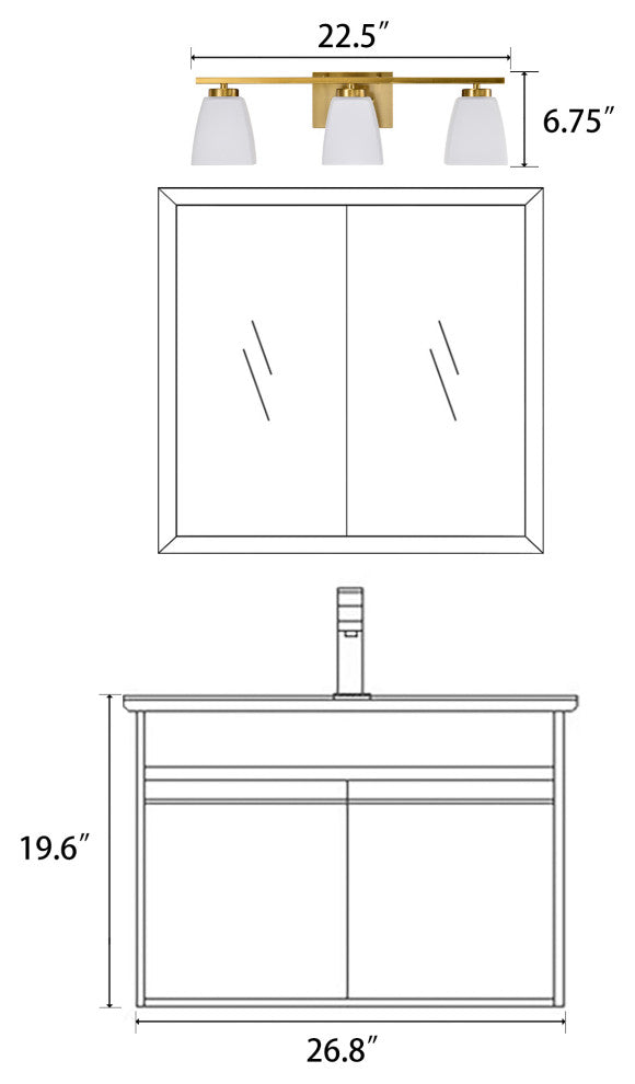 22 in. 3-Light Gold Modern Vanity Light With Square Etched White Glass Shades