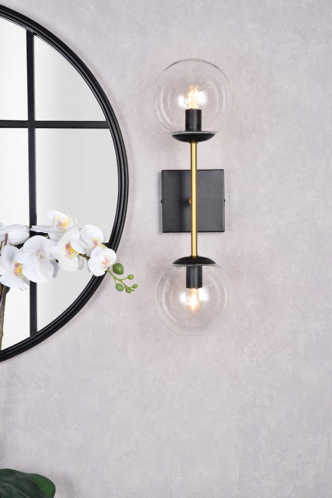 Noah 2-Light Black and Brass and Clear Glass Wall Sconce