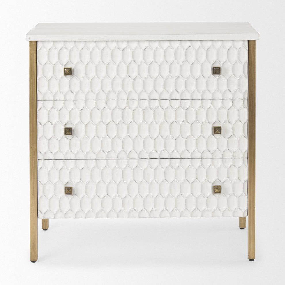 Savannah White Fir Veneer With Gold Metal Frame 3 Drawer Accent Cabinet