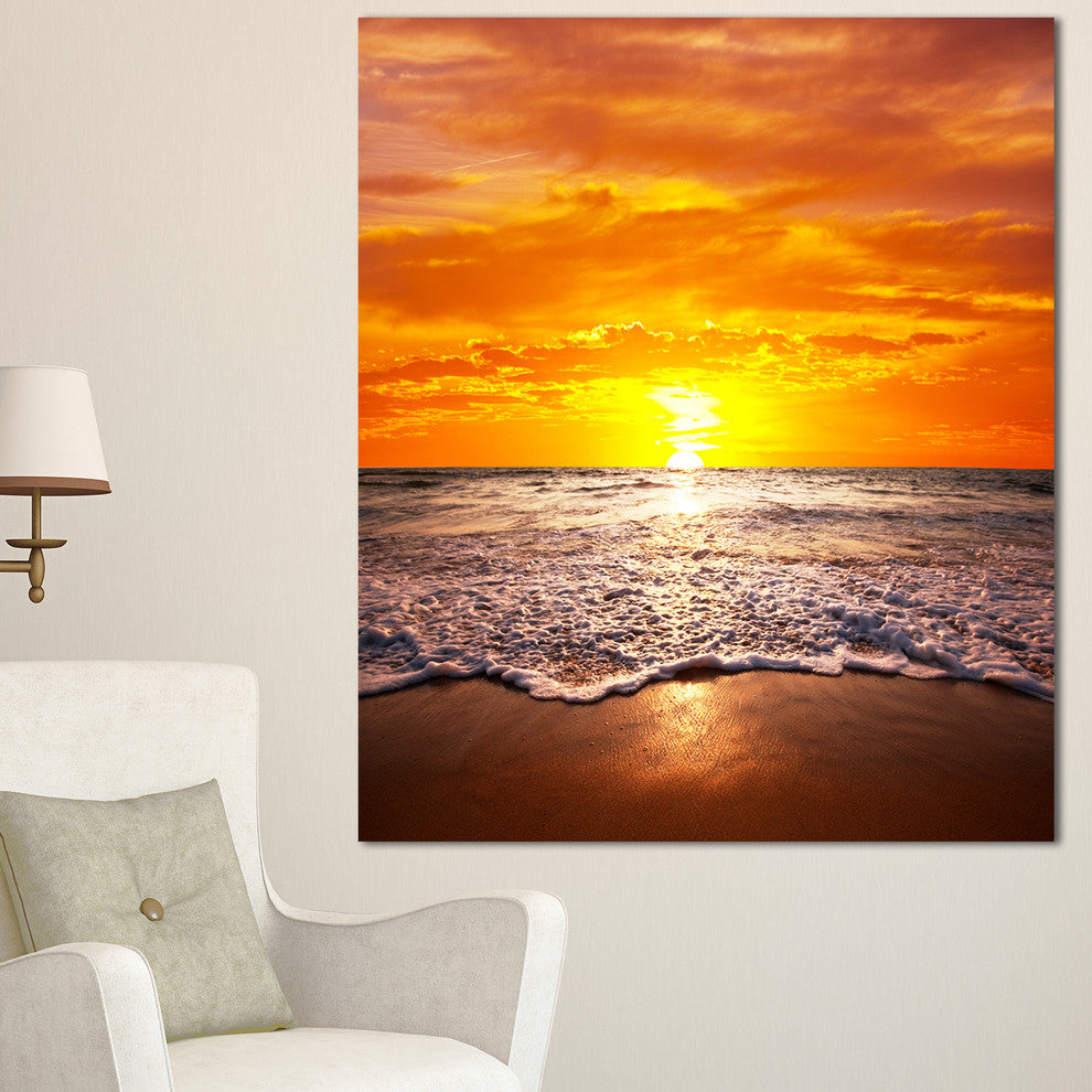 Majestic Sunset with Foaming Waves, Large Seashore Canvas Print, 30"x40"