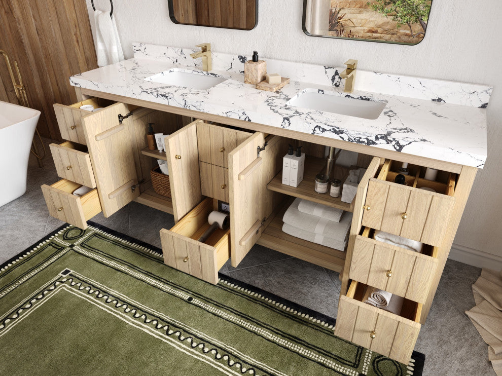 Atlanta Oak 84" Double Sink Bath Vanity, White 2" Carrara Quartz