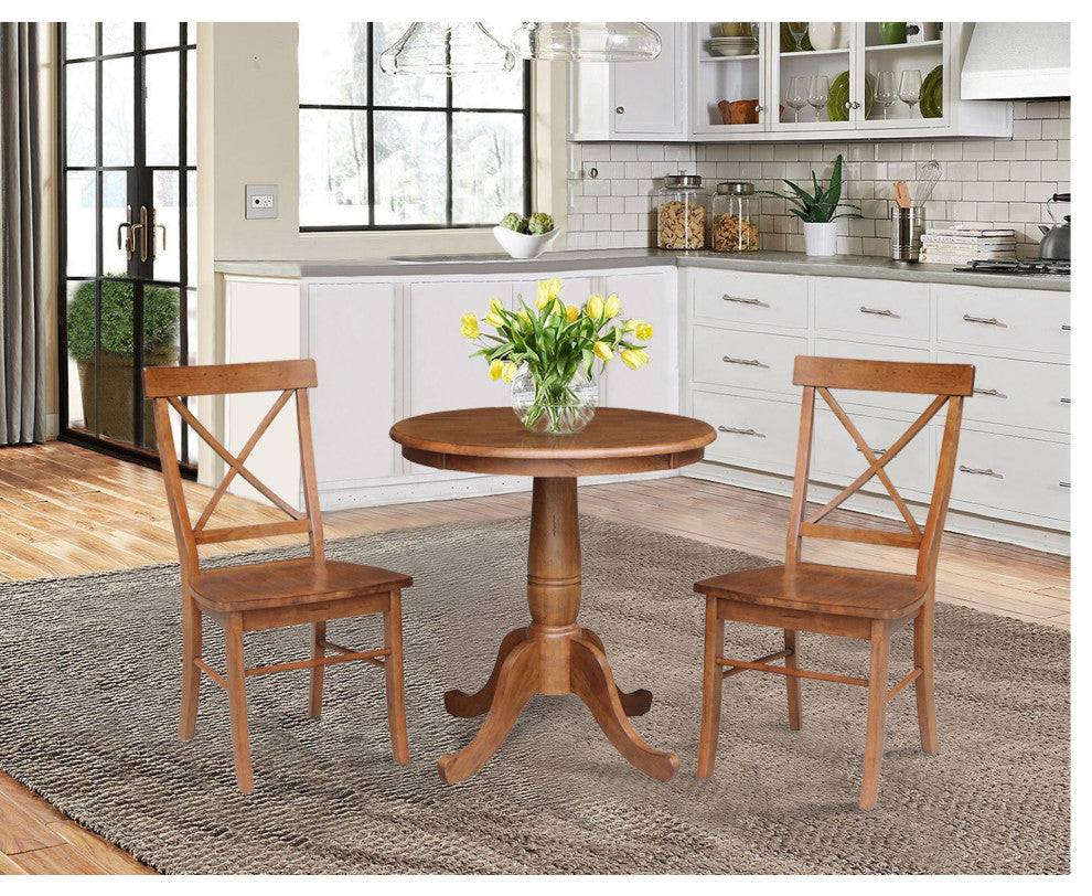 30" Round Top Pedestal Table With X-Back Chairs, 3-Piece Set, Distressed Oak