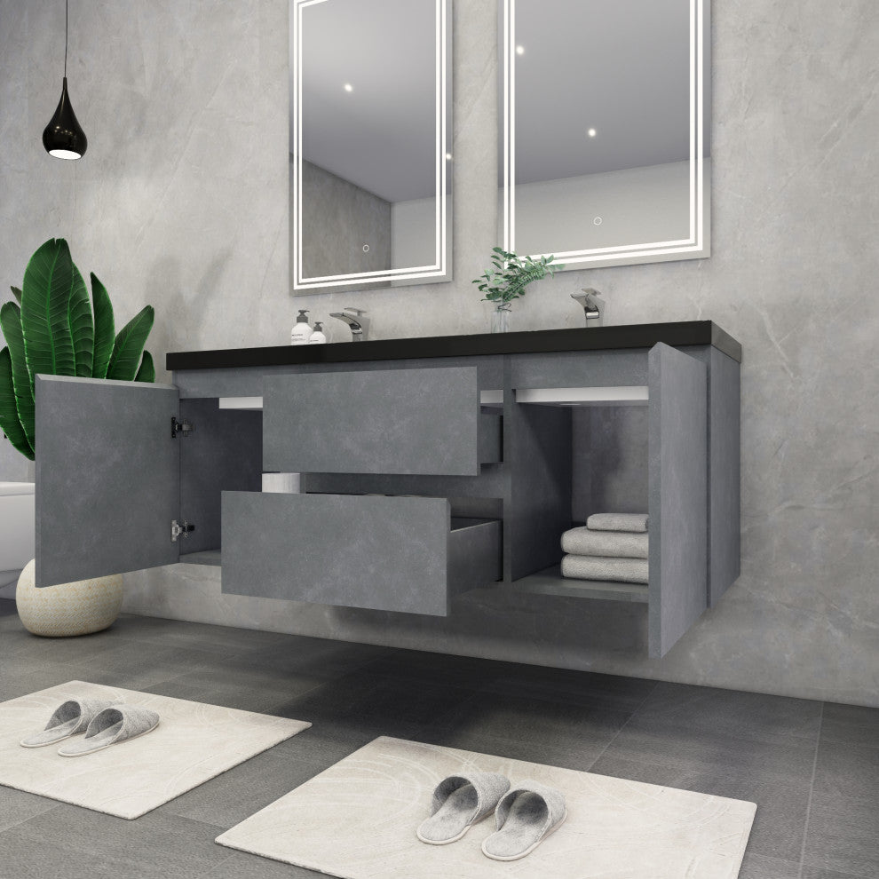 Belli 60" Double Sink Wall Mount Vanity Set, Cement Gray, Matt Black Top