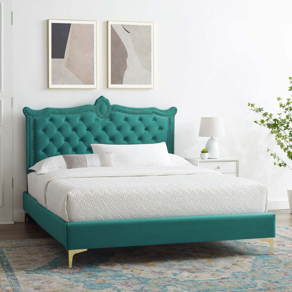 Platform Bed Frame, Nailhead, Queen Size, Teal Blue, Velvet, Modern