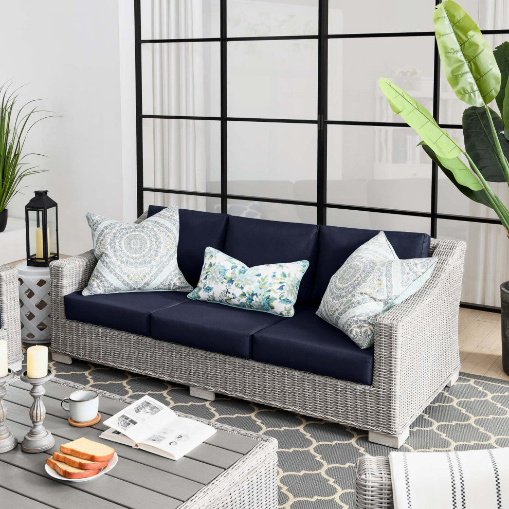 Lounge Sofa, Rattan, Wicker, Gray Blue Navy, Modern, Outdoor Patio Cafe