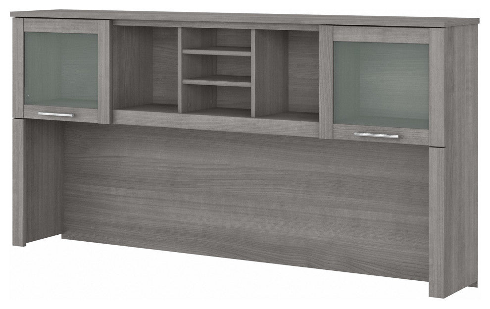 Modern Hutch, Open Shelves & Cabinets With Frosted Glass Doors, Platinum Gray