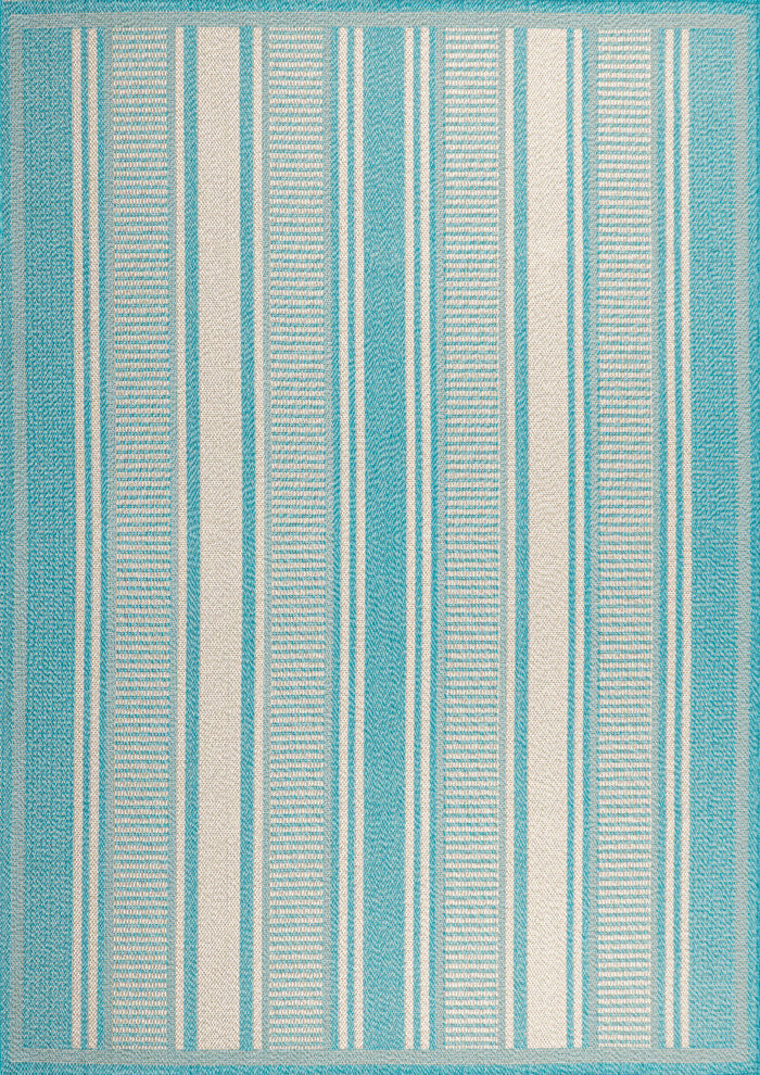 Haynes Modern Double Stripe Indoor/Outdoor Area Rug, Aqua/Beige, 8x10
