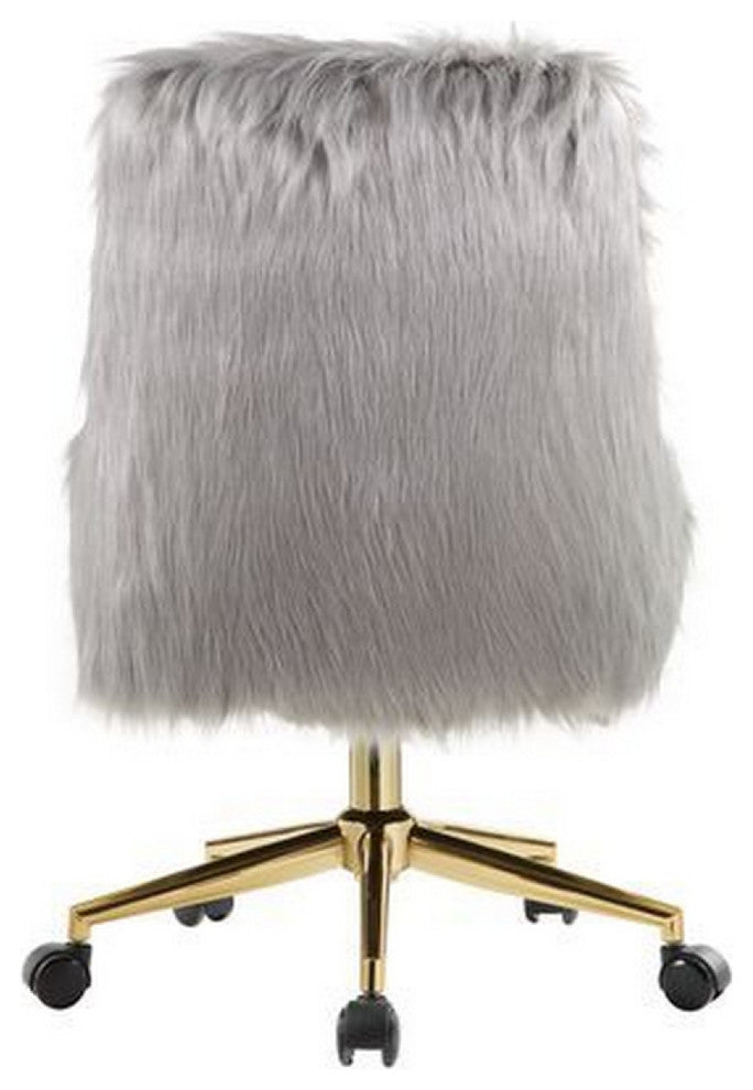 Benzara BM269064 Swivel Office Chair With Faux Fur Fabric, Gray and Gold