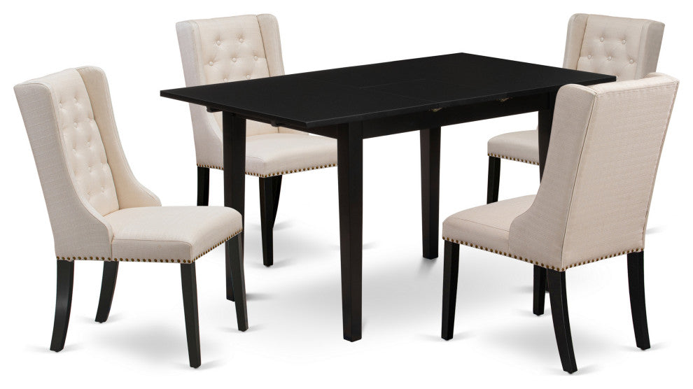 5Pc Dinette Set, 1 Butterfly Leaf Table, 4 Cream Chair, Black