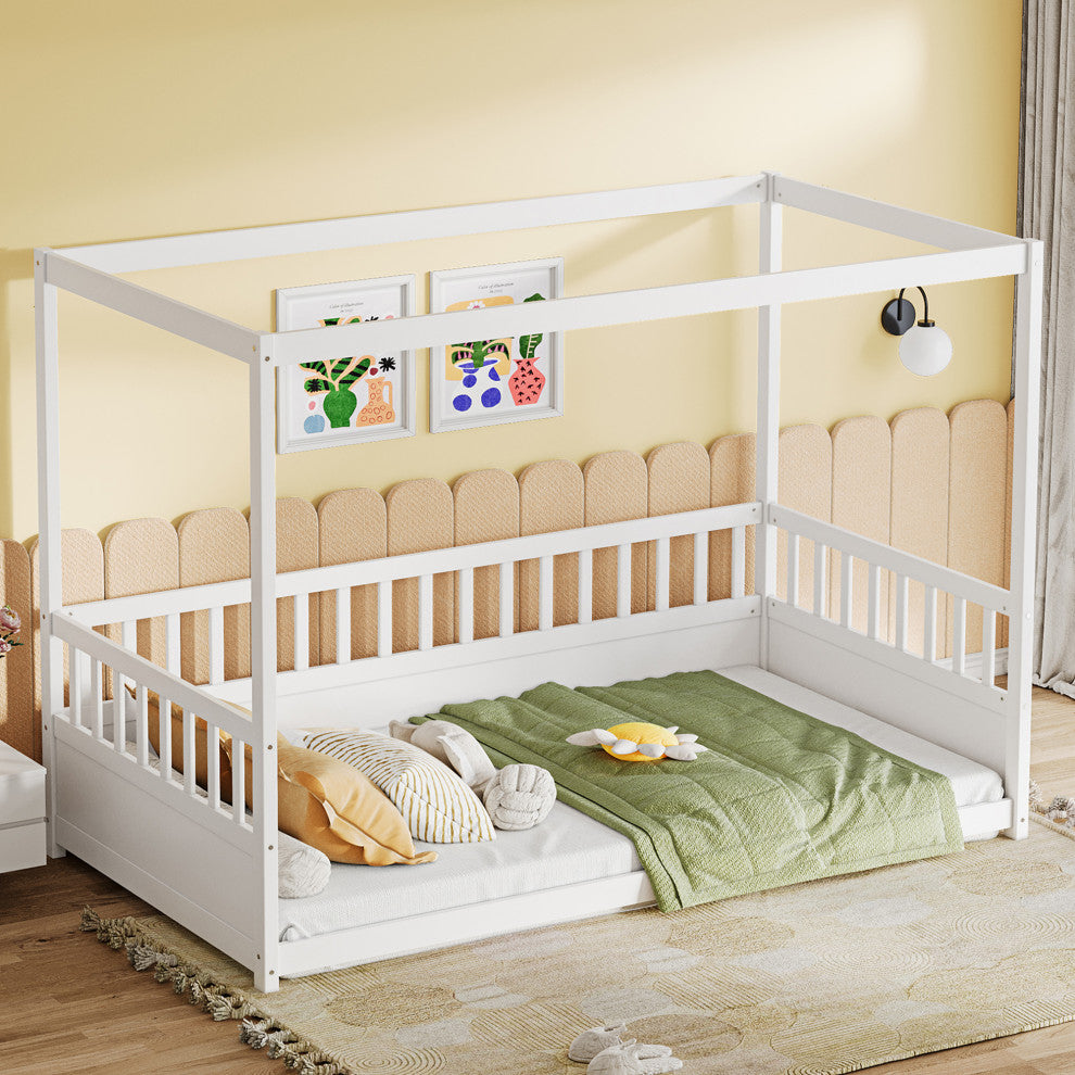 Gewnee Twin Size Canopy Bed Frame with Guardrails for Kids