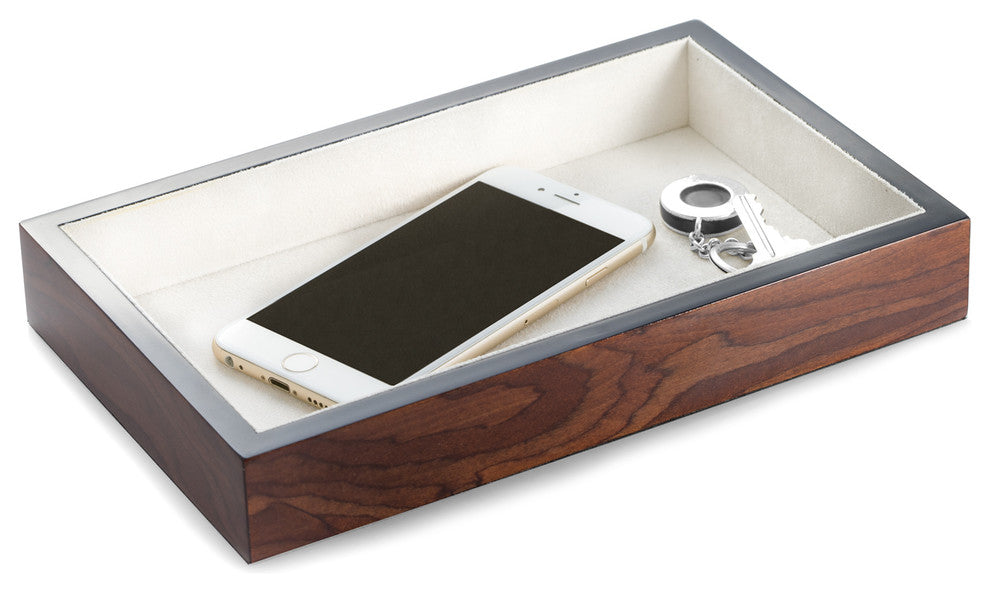 Lacquered Brown Burl Wood Open Face Valet Tray