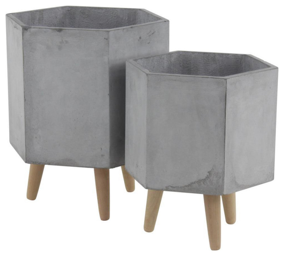 Set of 2 Grey Polystone Contemporary Planter, 15", 17"