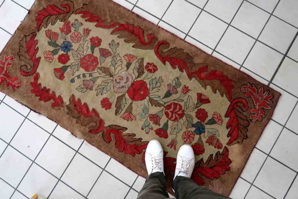 Handmade Antique American Hooked Rug 2.8'x5.5', 86cmx170cm, 1880s