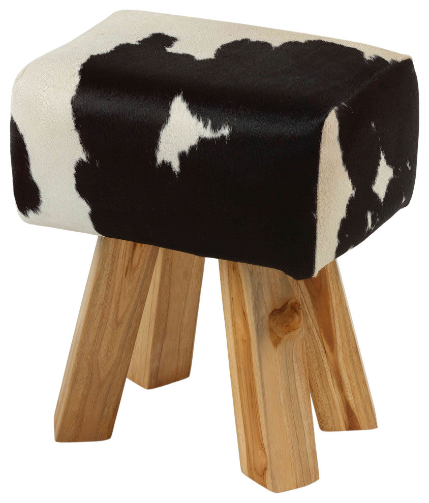Bare Decor Juliet Genuine 100% Hide and Teak Vanity Stool Ottoman, Black/White