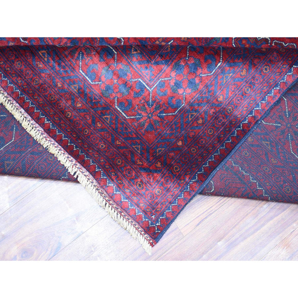 Deep and Saturated Red Hand Knotted Afghan Khamyab Velvety Wool Rug, 9'8"x13'1"