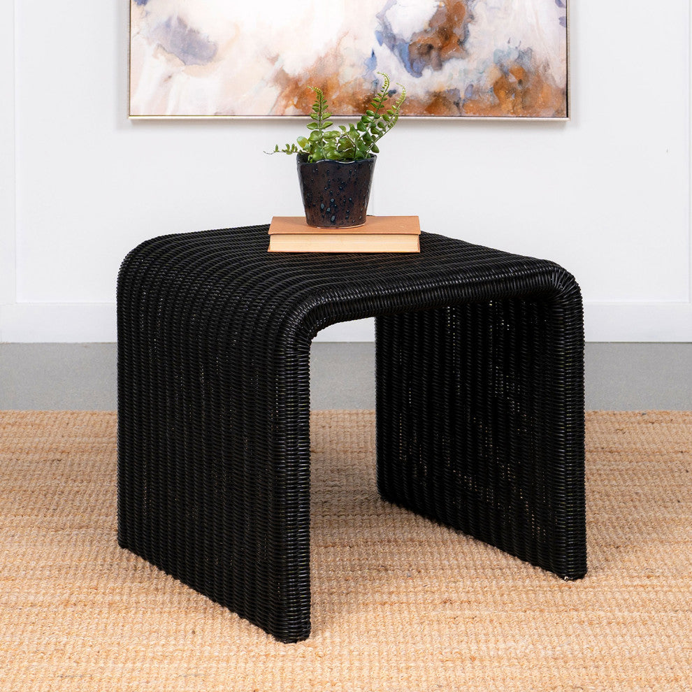 Woven Rattan and Metal Square End Table, Black