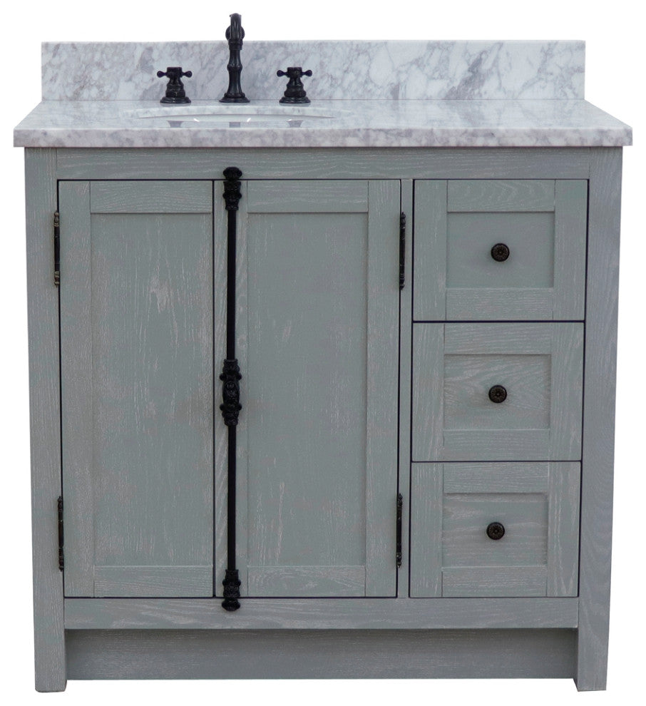 37" Single Vanity, Gray Ash With White Carrara Top, Left Doors/Left Oval Sink