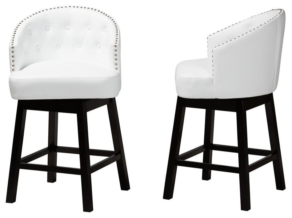 White Faux Leather & Espresso Brown Finished Wood 2-Pcs Swivel Counter Stool Set