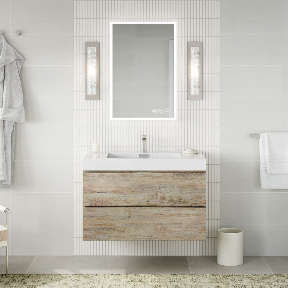 Boutique Bath Vanity, Natural Wood, 36", Single Sink, Wall Mount