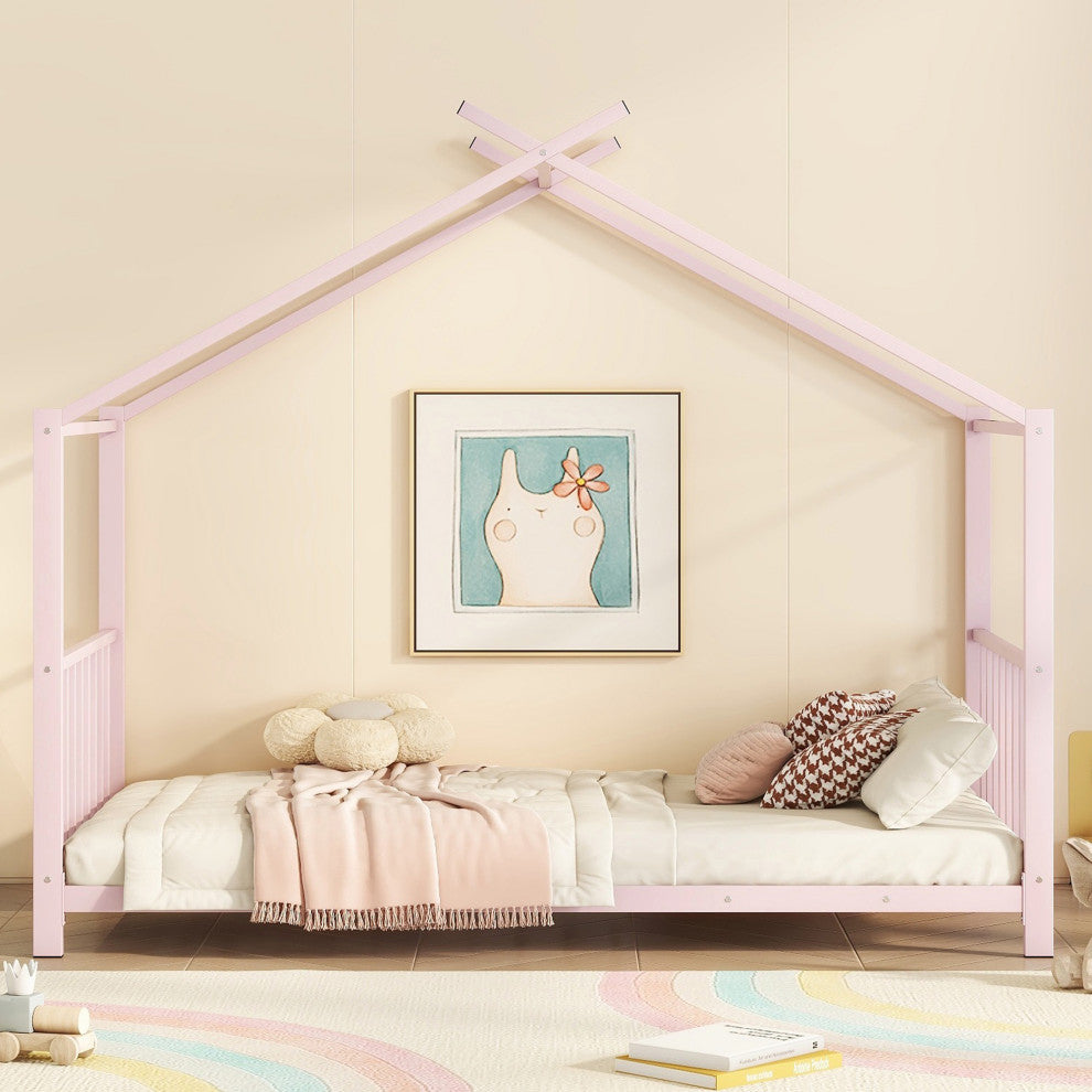 Gewnee Twin Size Metal House Platform Bed, Pink