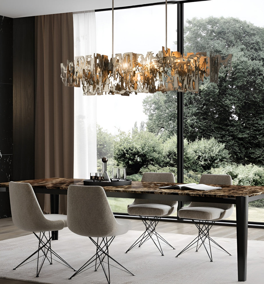 Acquanegra Cremonese | Postmodern Grey/Gold Metal Art Rectangle Chandelier, Golden, L59.1", Warm Light, Dimmable