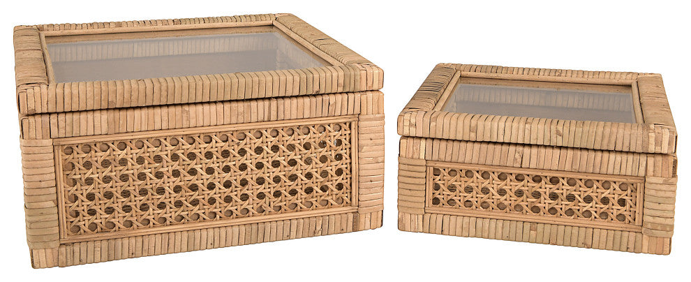 Olive Grove Woven Rattan Display Boxes, Glass Top, Square - Natural