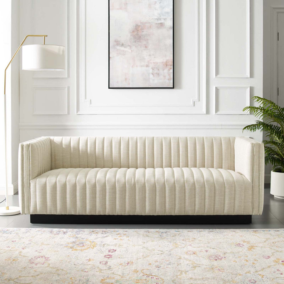 Tufted Sofa, Fabric, Beige, Modern, Living Lounge Room Hotel Lobby Hospitality