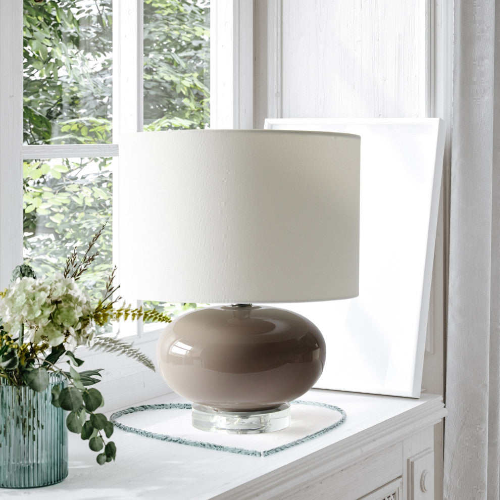 15.25" Ovaloid Glass Bedside Table Lamp With White Fabric Shade, Gray