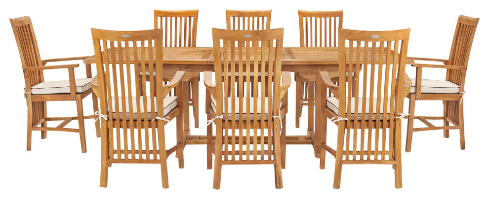 9 Piece Teak Wood Balero Outdoor Patio Dining Set, Rectangle Table, 8 Arm Chairs