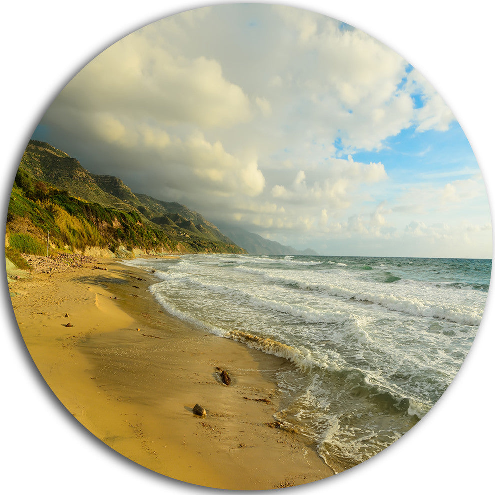 Waves Meet Sand, Landscape Photography Round Metal Wall Art, 11"