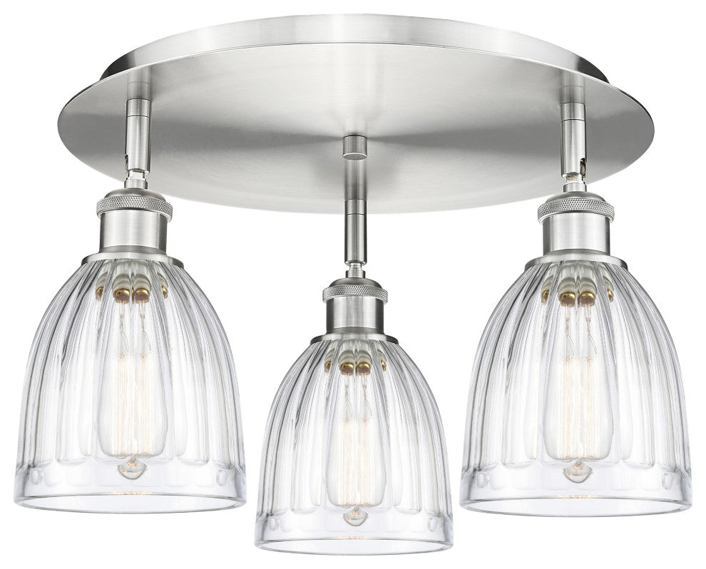 Brookfield-3 Light 18" Flush Mount-Satin Nickel, Clear Glass Shade