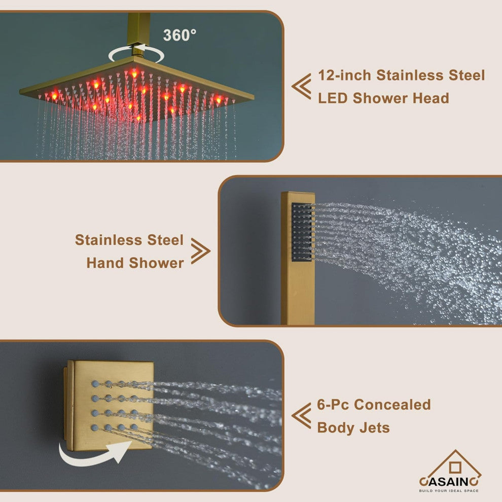 CASAINC 12" Ceiling Mounted Luxury LED Shower Head Handheld Spray, Brushed Gold