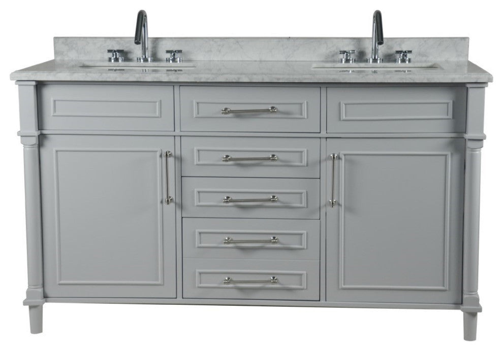 60" Double Vanity, Light Gray With White Carrara Marble Top