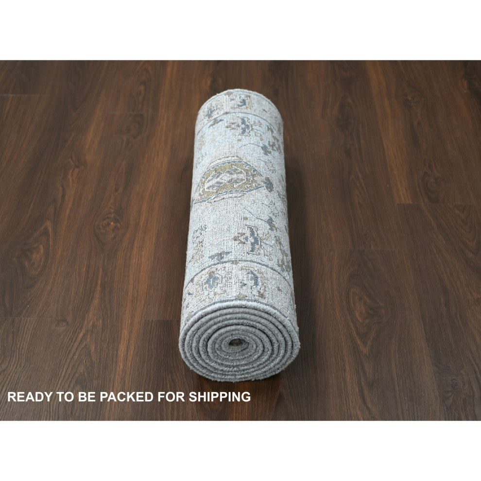 Medium Gray Karajeh Design Natural Wool Hand Knotted Runner Rug 2'7"x10'