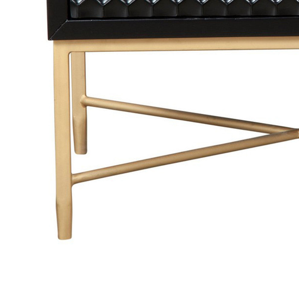 Benzara BM284258 Rexi 26" 2 Drawer Nightstand, Honeycomb Wood, Black, Gold